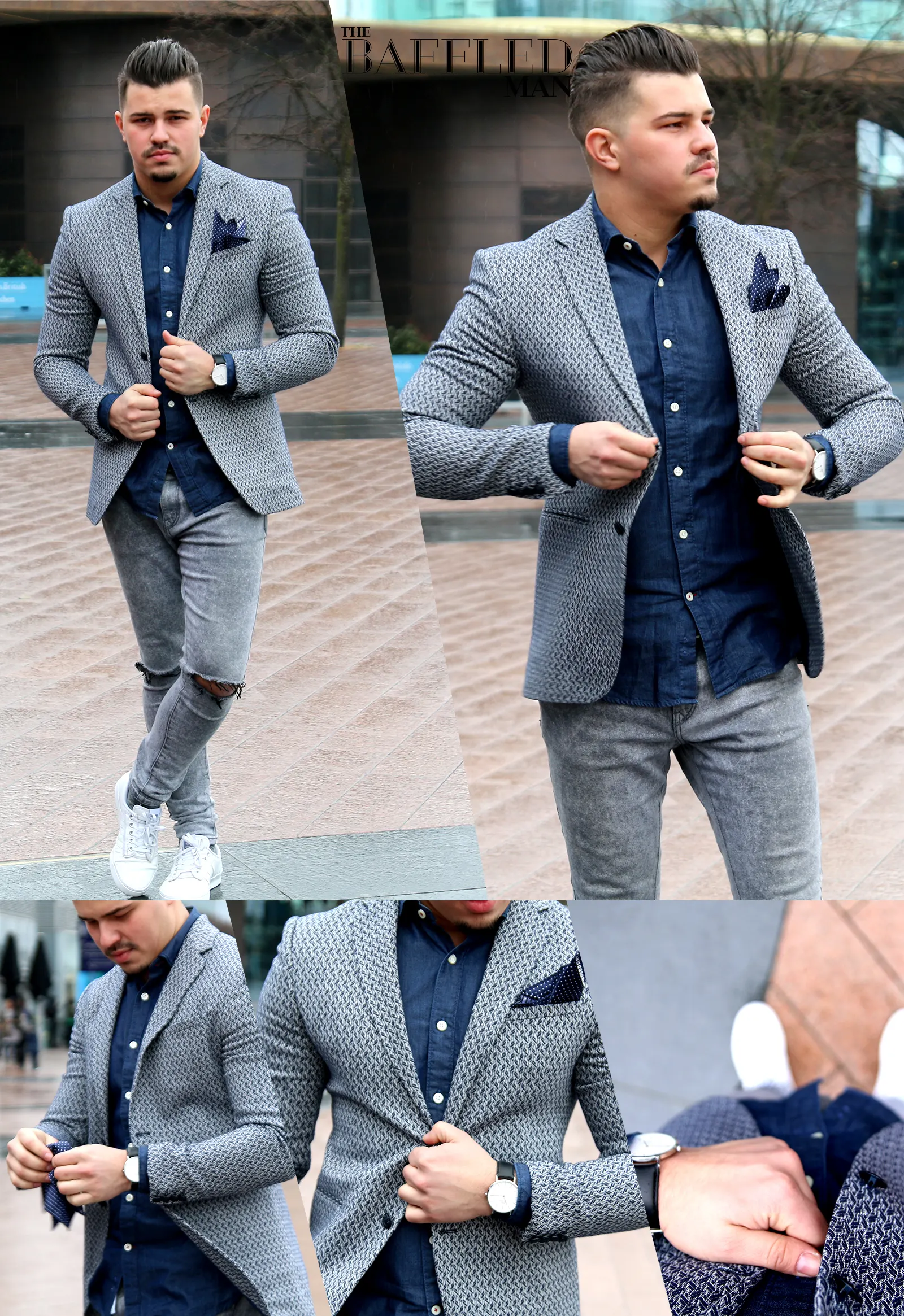 Wriped grey jeans and gray blazer
